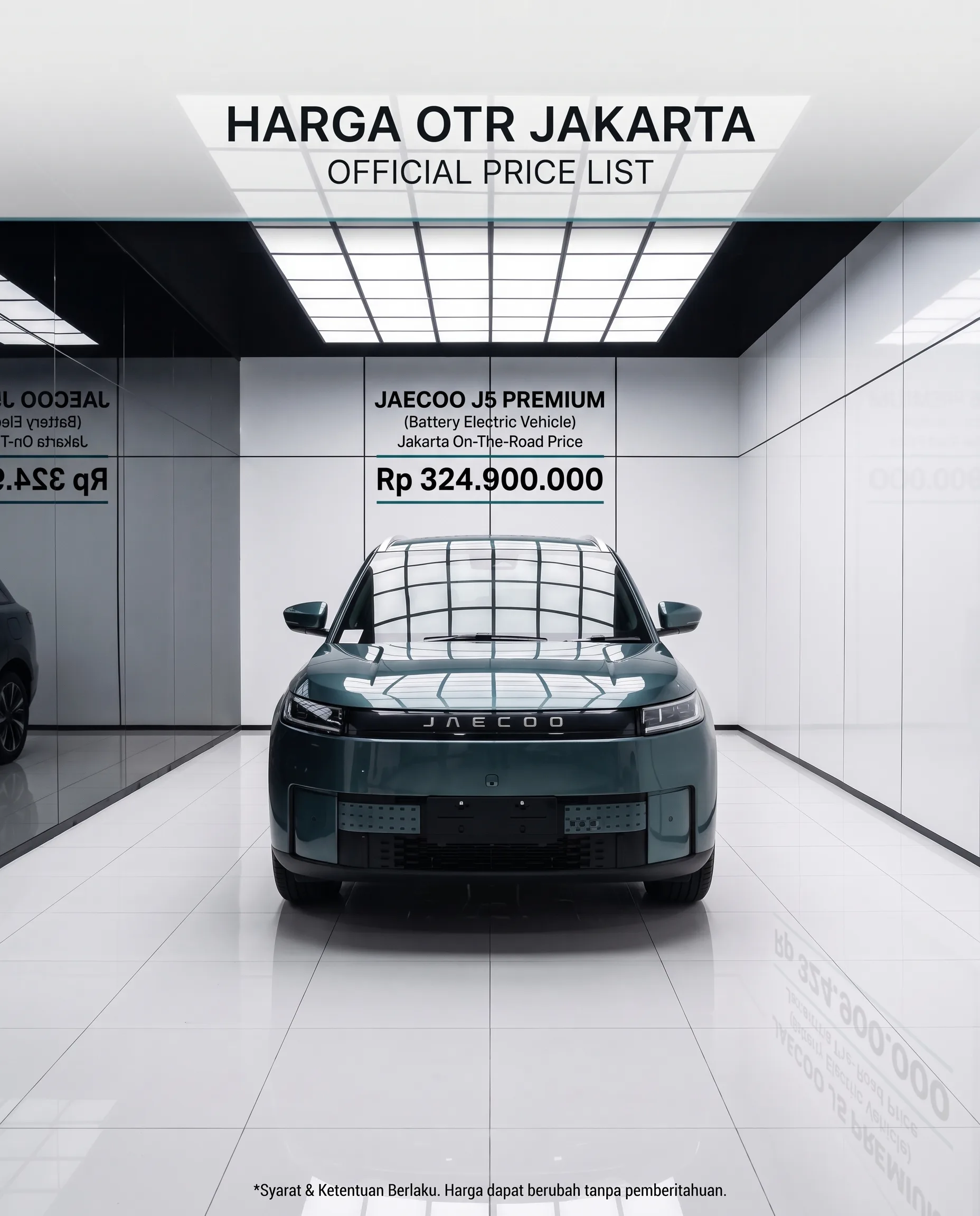 Harga OTR Jakarta JAECOO J5 Premium Rp 324.900.000, mobil warna hijau di showroom