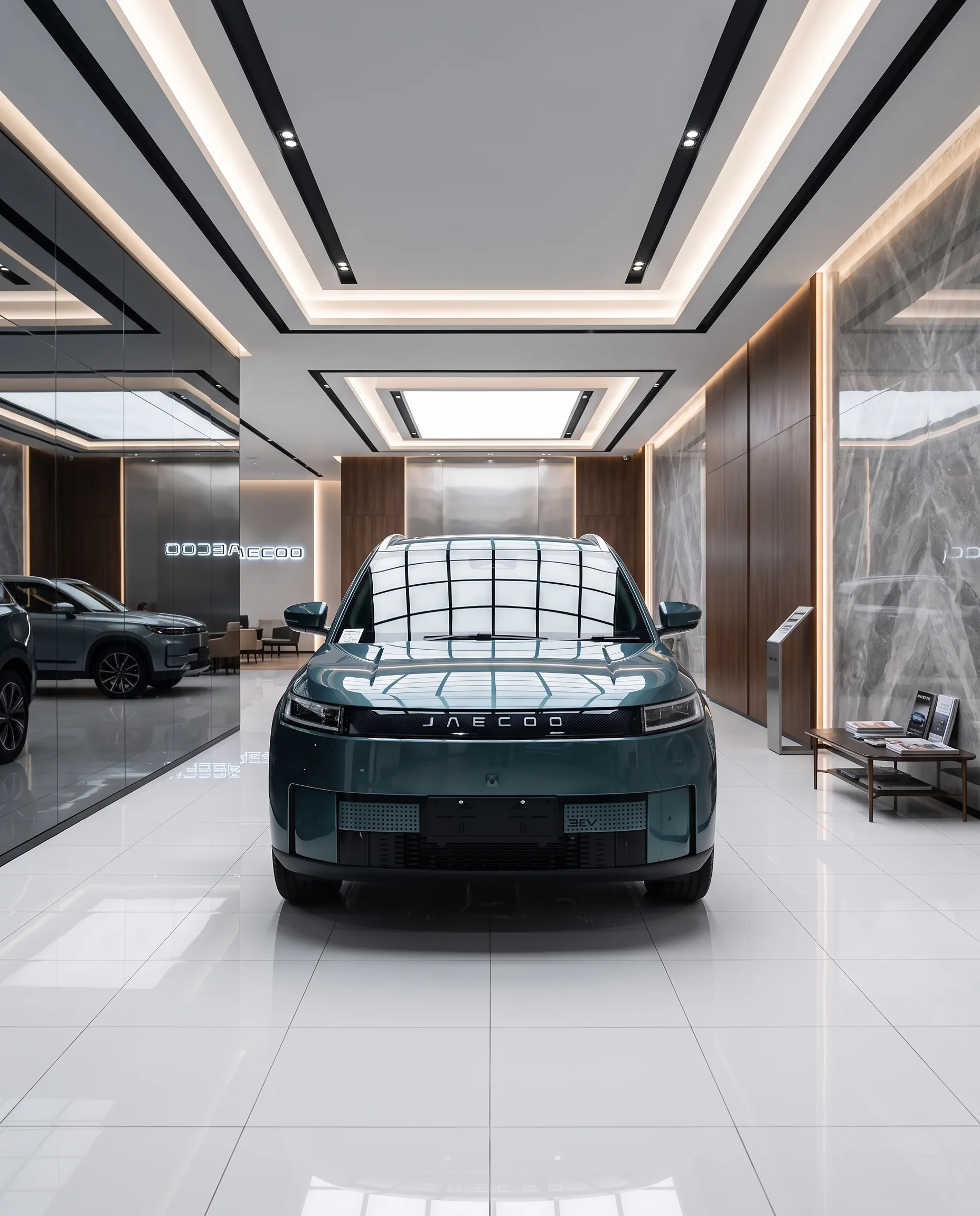 JAECOO J5 Premium warna hijau tampak depan di showroom JAECOO