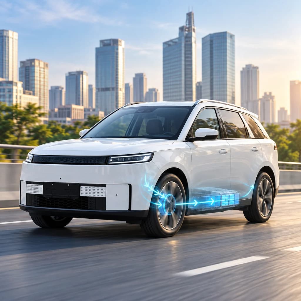 Jaecoo J5 putih dengan visual aliran energi baterai untuk menjelaskan regenerative braking