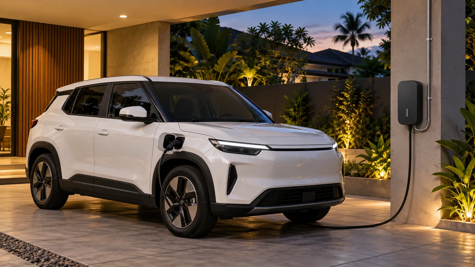 Ilustrasi AI SUV listrik putih tanpa merek terhubung ke wallbox AC di carport rumah tropis saat senja