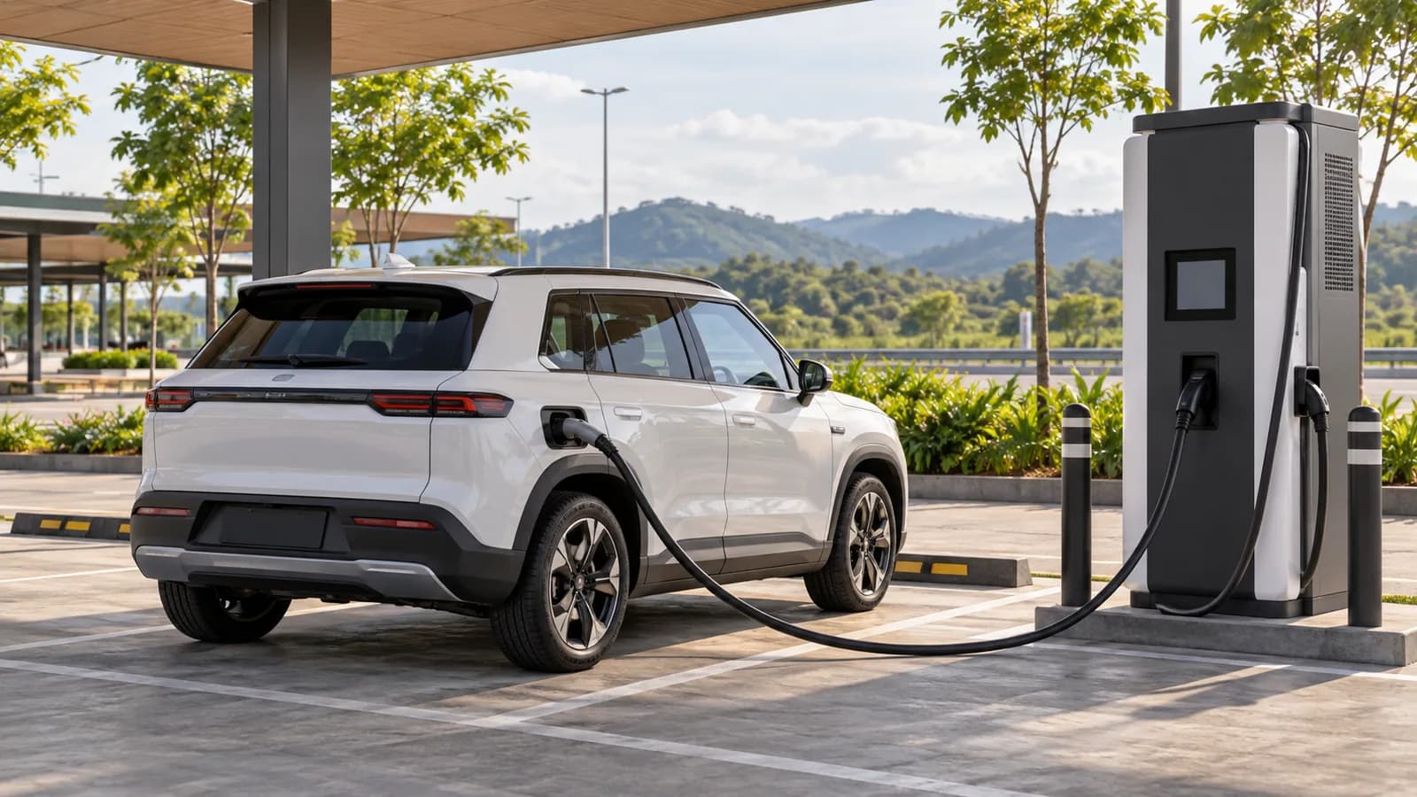 Ilustrasi AI SUV listrik putih tanpa merek sedang mengisi di charger DC pada rest area tropis