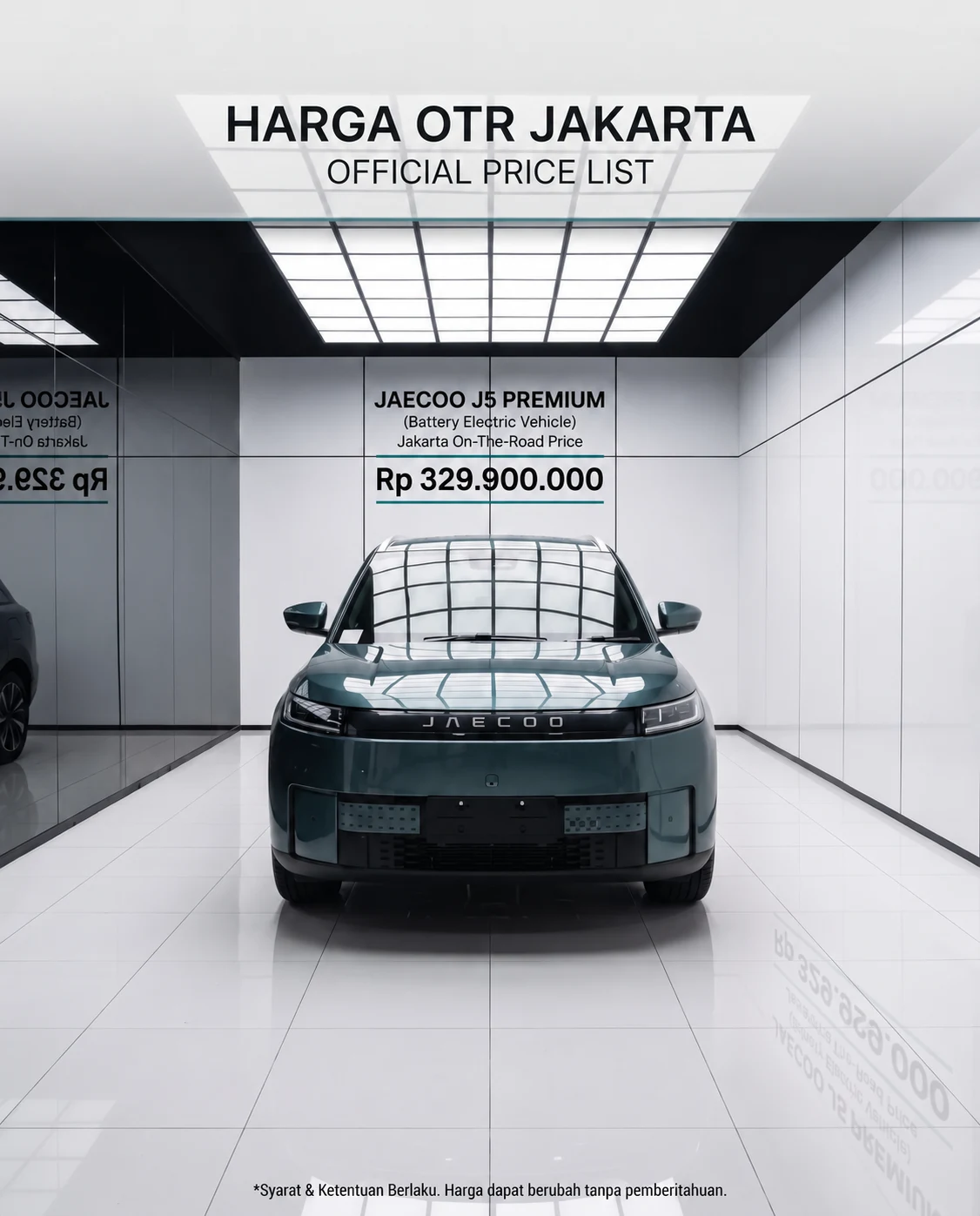 Harga OTR Jakarta JAECOO J5 Premium Rp 329.900.000, mobil warna hijau di showroom